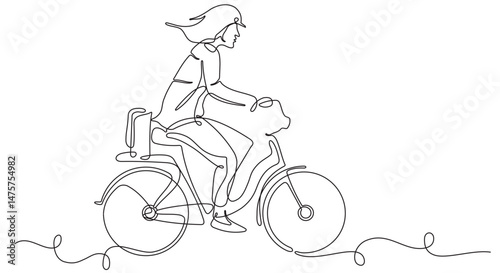 One single line drawing young happy startup employee woman ride bicycle to the coworking space vector illustration graphic. Healthy urban commuter lifestyle concept