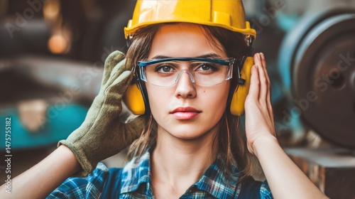 Young Worker Wearing Safety Gear in Loud Industrial Environment