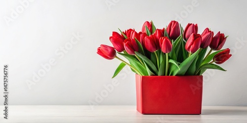 Minimalist Red Tulip Bouquet in Red Box - Isolated White Background Stock Photo