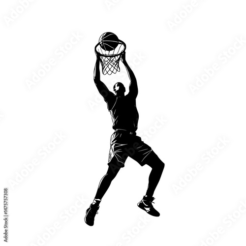 Silhouette of basketball player dunking on white background