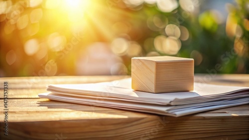 Minimalist Wooden Cube on Papers, Sunlight Desk, Bokeh Background Stock Photo