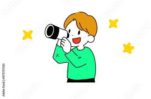 望遠鏡で空を観察する男の子のイラスト