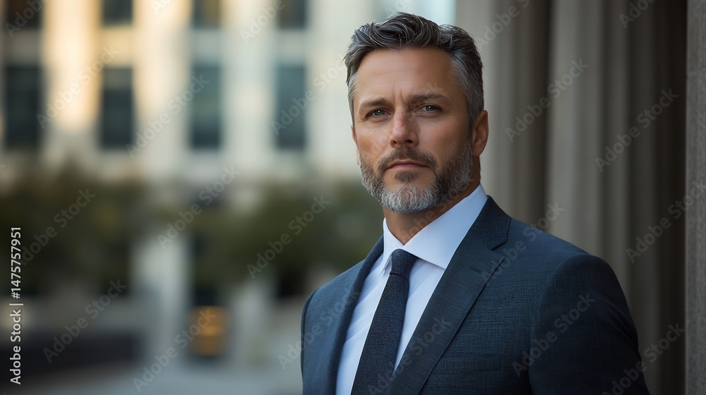 Fototapeta premium Defense lawyer standing outside a courthouse chest up focus intense look blurred background
