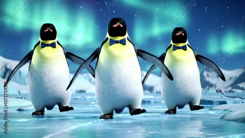 Dancing penguins on icy snowy landscape