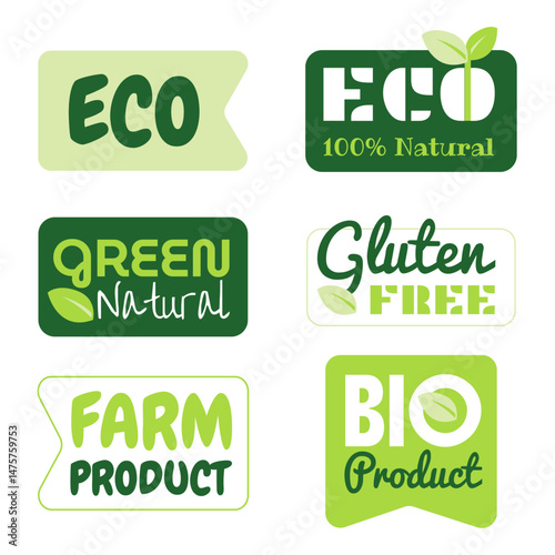 Eco, farm product, organic food stickers and natural product icons and elements for food market, organic products packaging, ecommerce. Ecology labels set. Vegan food diet icon, bio and healthy food.
