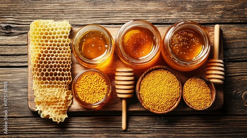 Artistic Display of Honey Jars and Honeycomb on Wooden Board
