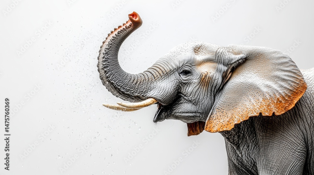Obraz premium Grey elephant with raised trunk and tusks against a white background, speckled with spray