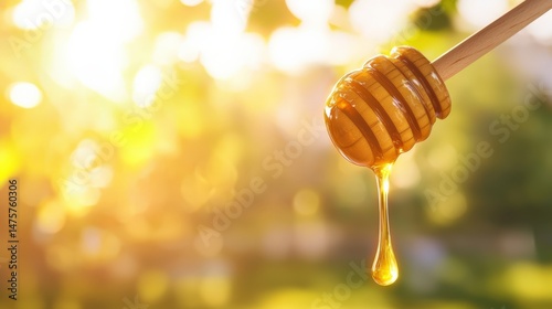 Warm Honey Dripping from a Wooden Dipper into a Rustic Glass Jar