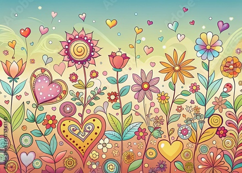 Panoramic Love Calendar Doodle: Cute Hearts, Flowers & Dates - Romantic Background