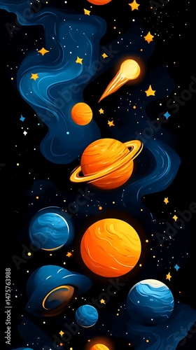 Vibrant celestial bodies displayed in a vertical pattern.