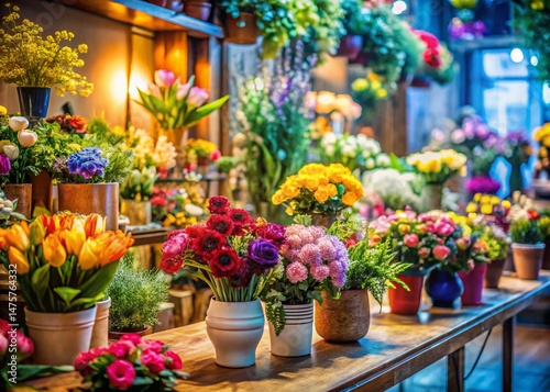 Panoramic View of a Charming Flower Shop with Blurred Background and Colorful Blooms