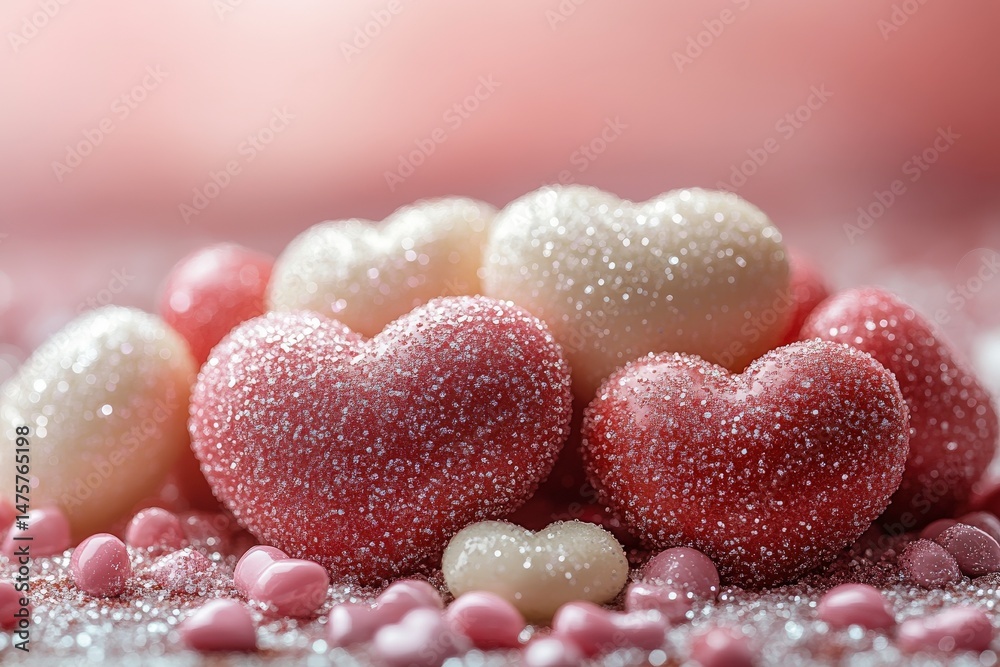 Fototapeta premium Glittering Heart-Shaped Candies with Sprinkles on a Soft Pink Background Perfect for Romantic Celebrations and Sweet Treats Sharing
