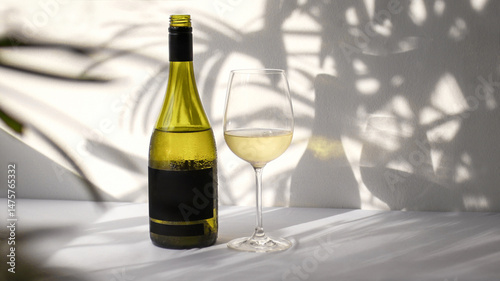 Refreshing white wine bottle and glass with tropical plant shadow