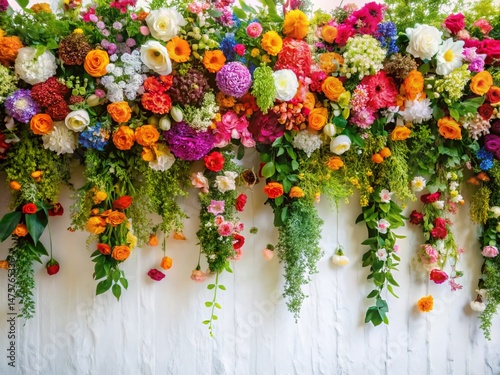 Panoramic White Wall Floral Arrangement: Spring Flowers & Greenery Decor