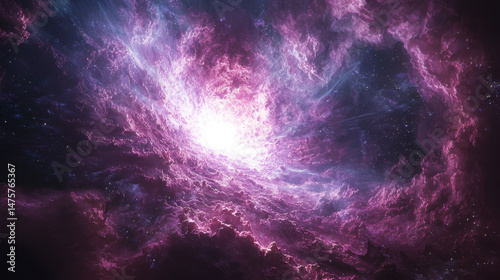 Radiant fractal design emanates powerfully from the center, creating a symmetrical and mesmerizing nebula of swirling purples and cosmic energy outwards.