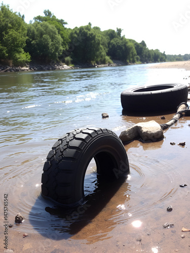 Car tire pollutes river in summer. Environmental issue, waste, garbage. Pollution, dirt, contaminated water, rubber tire in water near beach. Concept of eco disaster, damage to nature.