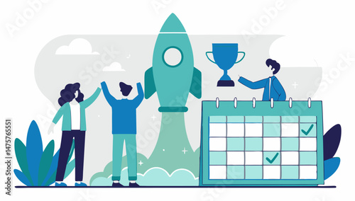 A stylized illustration depicts three figures celebrating a successful launch, symbolized by a teal rocket taking off. One figure holds a trophy, and a calendar with checkmarks indicates completed mil