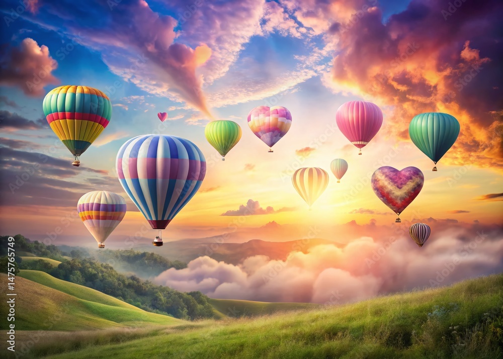 Fototapeta premium Pastel Dreamland: Heart-Shaped Hot Air Balloons Floating Over Soft Hills