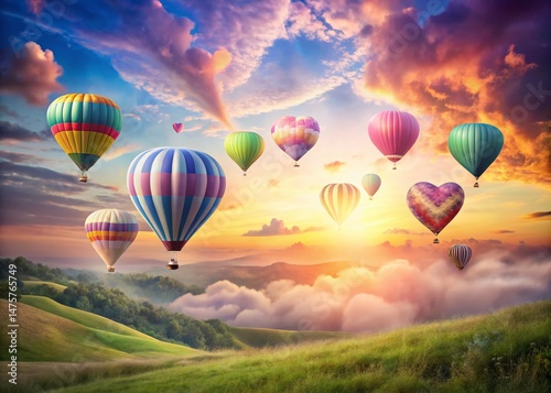 Pastel Dreamland: Heart-Shaped Hot Air Balloons Floating Over Soft Hills