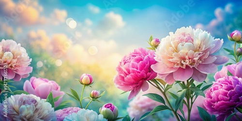 Pastel Sky Watercolor Peonies in Full Bloom - High Resolution Stock Photo