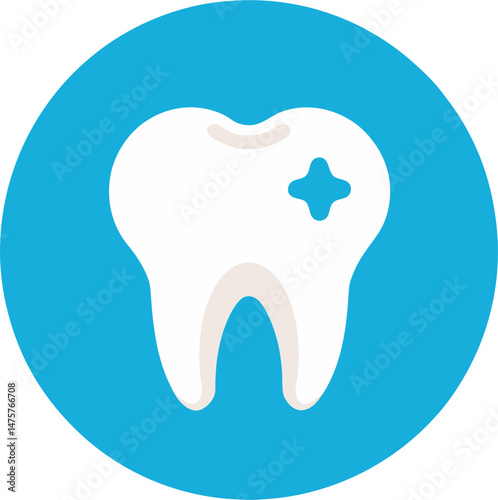 A white cartoon tooth with a blue star on a blue circular background.