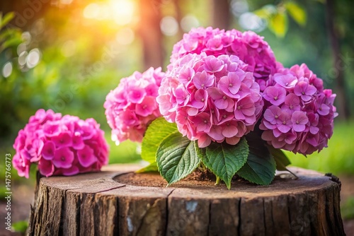 Pink Hydrangea Blooms on Rustic Tree Stump - Beautiful Spring Garden Scene
