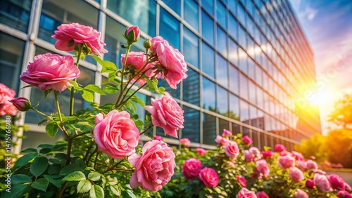 Pink Rose Bush Blooming in Architectural Setting -  Stunning Garden Photography
