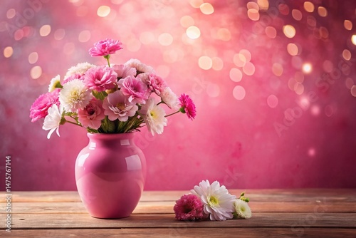 Pink Vase with Flowers, Bokeh Background, Pink Wall, Tabletop Still Life, Home Decor