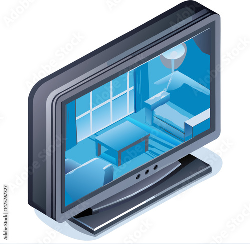 A stylized television screen displays an isometric view of a living room with blue furniture and a window.