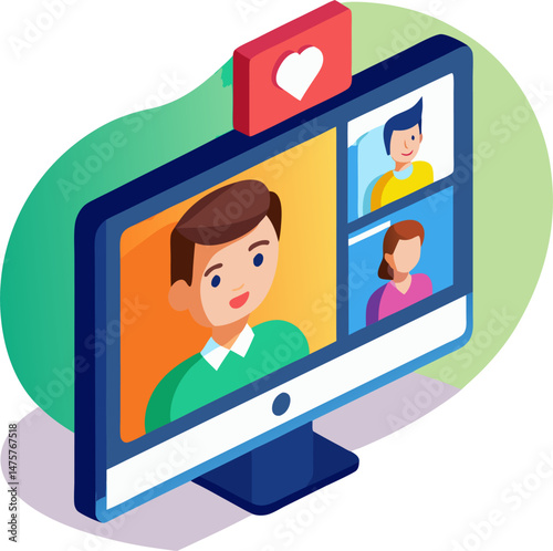 A stylized illustration of a computer monitor displaying a video conference call with three participants in separate windows. A red speech bubble with a white heart icon is attached to the top of the 