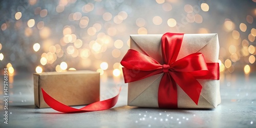 Red Bow Gift Box & Blank Envelope - Festive Holiday Bokeh Background
