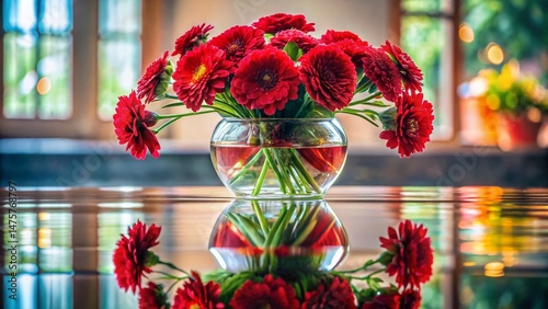 Red Flowers in Vase Reflected in Mirror - Still Life Photography