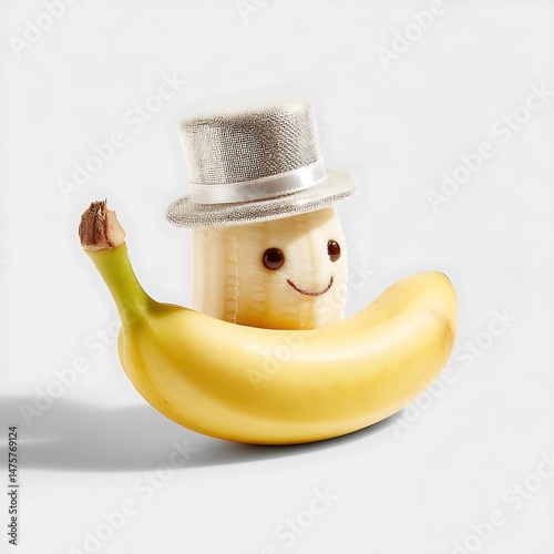 A peeled item is wearing a hat and sitting on a yellow fruit.
