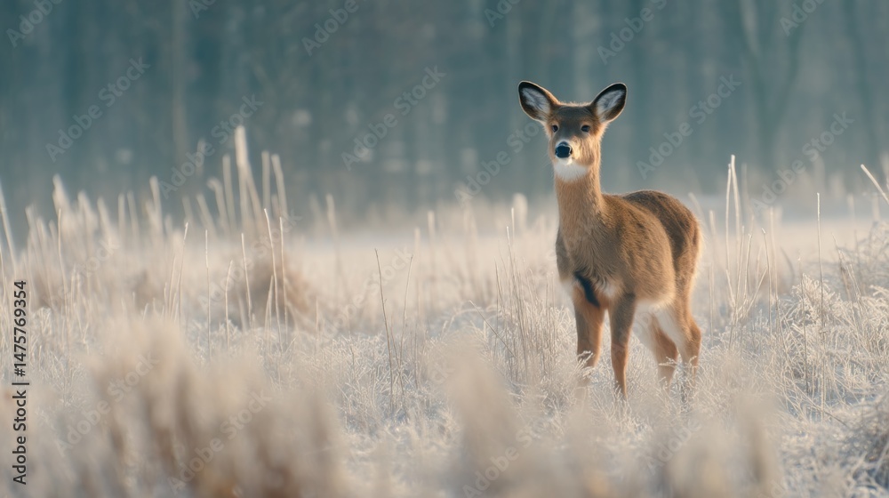 Obraz premium Young deer standing in a frosty meadow during early morning light, surrounded by mist and sparse vegetation, nature scene