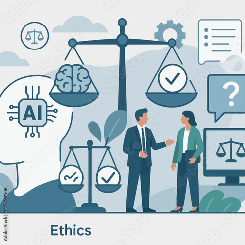 Vector illustration of AI ethics in business decision making. Artificial intelligence symbol, balanced scales, and business professionals representing responsible and ethical technology use.