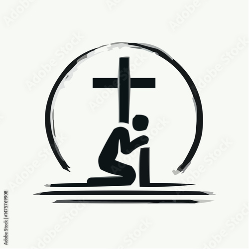 Icon of a person kneeling in prayer before a cross  