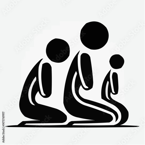 Icon of three figures kneeling in prayer against a light background  