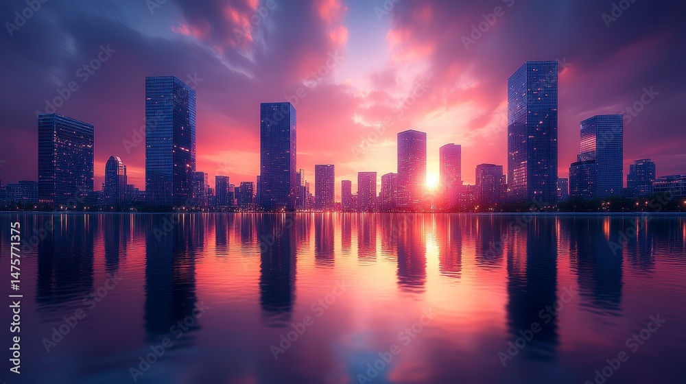 Skyline reflects on water during a vibrant sunset with dramatic clouds above Skyline reflects on water during a vibrant sunset with dramatic clouds above