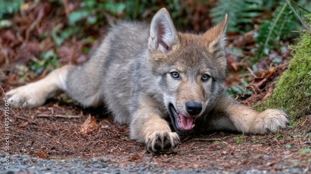 Fototapeta premium Playful Grey Wolf Pup Relaxing on Ground Surrounded by Greenery and Fallen Leaves in Natural Habitat