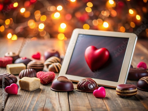 Romantic Valentine's Day Tablet Displaying Heart Shaped Image, Sweet Treats & Chocolate