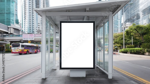 White Advertising Board Mockup at Busy Urban Bus Stop