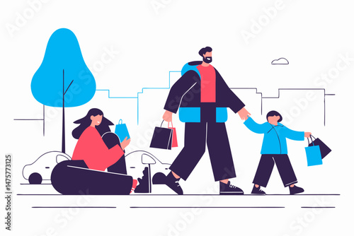 A father and child are walking with shopping bags on a city street, while a seemingly homeless person sits on the ground nearby, highlighting a contrast in circumstances within an urban environment.