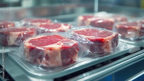 Meat tray with transparent film tightly sealed using modified atmosphere packaging