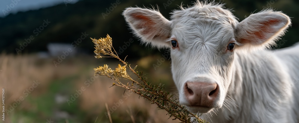 Fototapeta premium Close-up of a curious white calf in a field