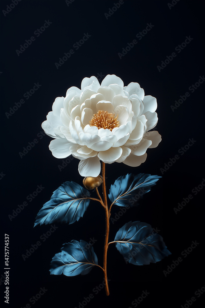White Chrysanthemum with Blue Leaves on a Dark Background White Chrysanthemum with Blue Leaves on a Dark Background