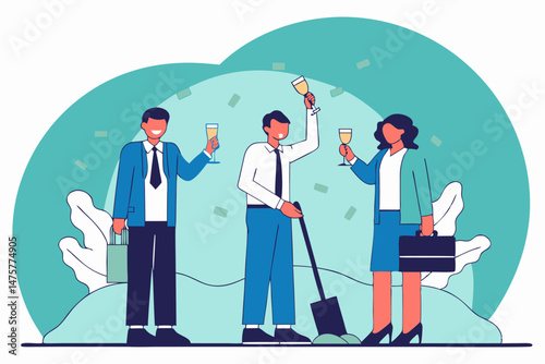 Three business professionals are celebrating a groundbreaking or successful launch, with one holding a shovel in upturned earth and all raising champagne glasses amidst falling confetti.