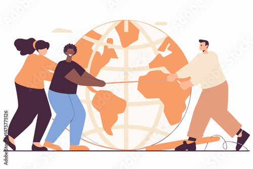 Three diverse individuals are working together to lift or move a large globe using ropes, symbolizing global collaboration, teamwork, or shared responsibility for the planet.