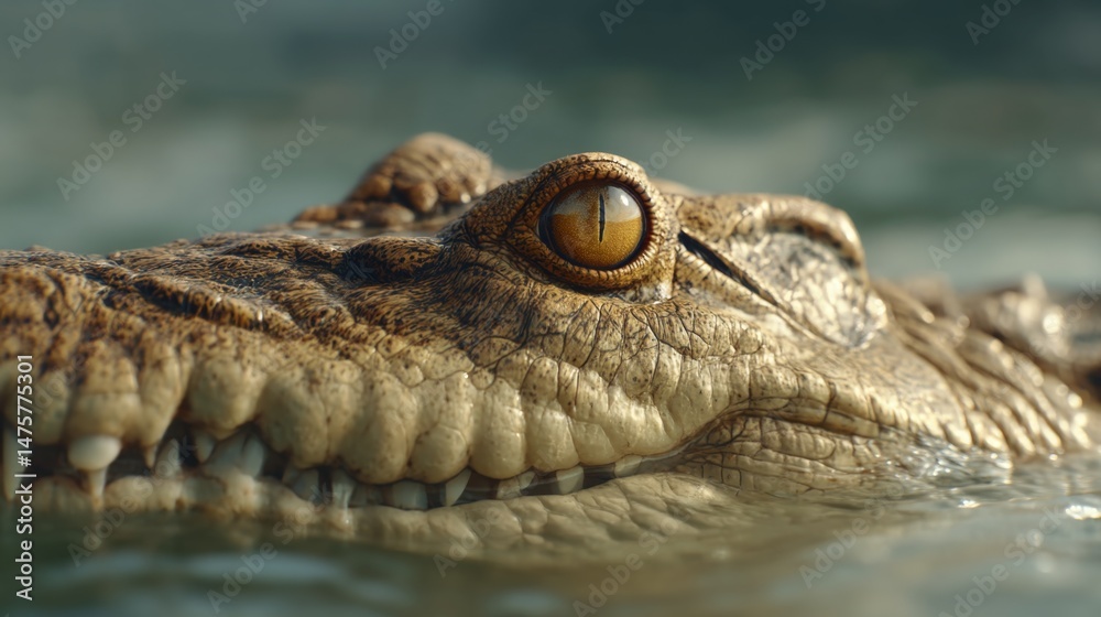 Obraz premium Close-up on the Eye of a Crocodile Emerging from Water in a Natural Habitat with Textures and Details on Scale and Skin