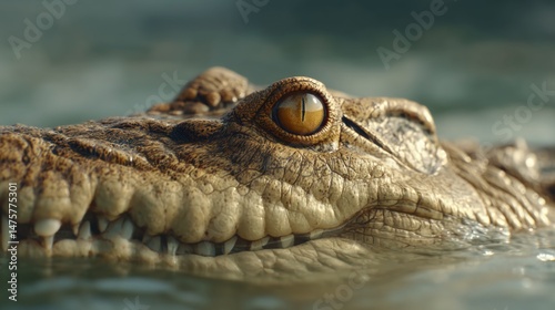 Close-up on the Eye of a Crocodile Emerging from Water in a Natural Habitat with Textures and Details on Scale and Skin