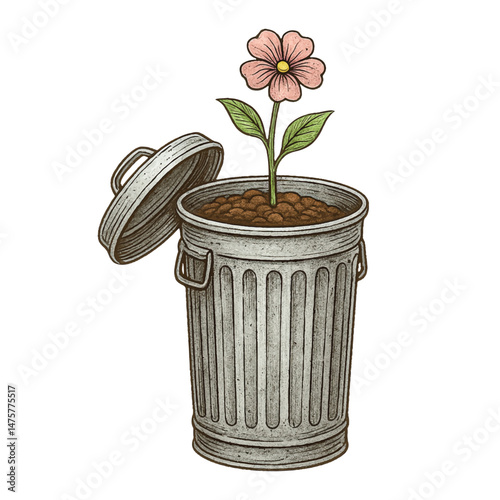 Trash Bin Flower Vector – Blooming Hope from Waste Concept in Natural Style